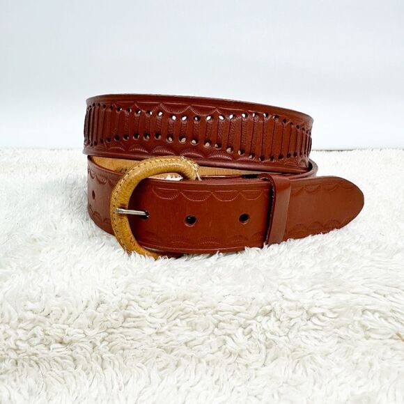 Mexico Brown Leather Belt Lace Up Stitch and Hand Stamped Accents Mens Size 38
